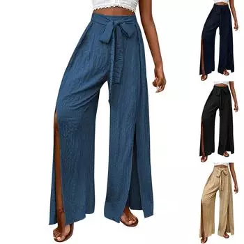 Женские модные однотонные свободные повседневные брюки с широкими штанинами и высокой талией L чёрный