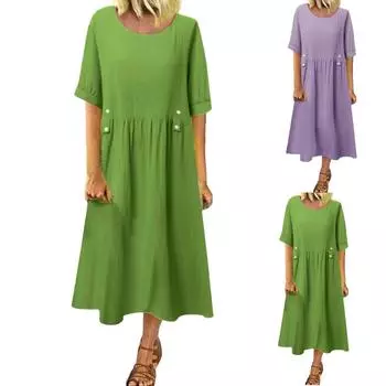 Женские модные однотонные свободные повседневные платья средней длины с круглым вырезом L