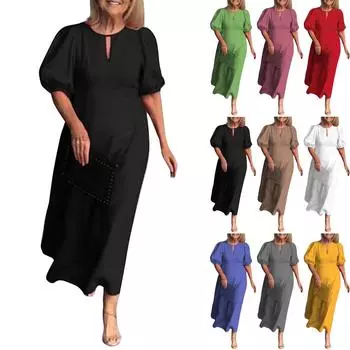Женские модные однотонные свободные повседневные платья с круглым вырезом и рукавами-фонариками S