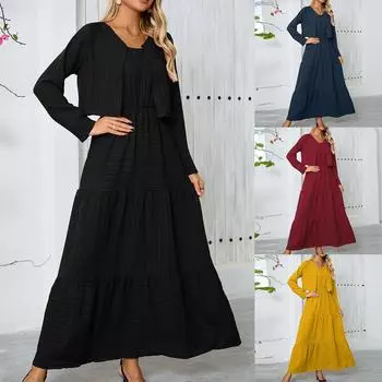 Женские модные однотонные свободные повседневные платья из двух частей с круглым вырезом L чёрный