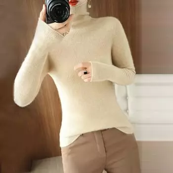 Женские модные однотонные теплые трикотажные свитера с длинными рукавами и воротником-стойкой, зимние L бежевый