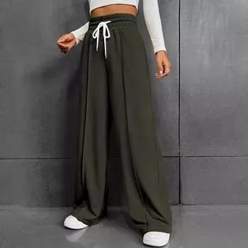 Женские модные однотонные универсальные повседневные брюки с карманами, свободные спортивные брюки с высокой талией и широкими штанинами на шнурке L армия зеленый