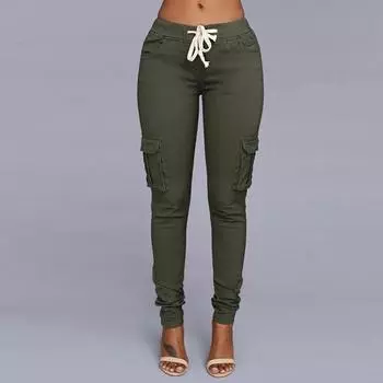 Женские модные однотонные узкие брюки Джинсовые повседневные брюки с несколькими карманами