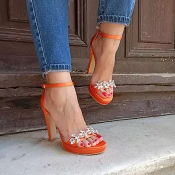 Женские модные оранжевые атласные туфли на платформе с листьями камня и одним ремешком
