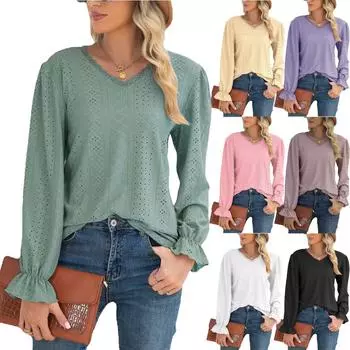 Женские модные осенне-зимние кружевные топы, повседневные шифоновые блузки с длинными рукавами, футболка с глубоким v-образным вырезом, рубашки с вырезами S белый