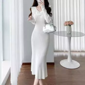 Женские модные осенне-зимние однотонные повседневные платья с v-образным вырезом и длинным рукавом и высокой талией S абрикосовый