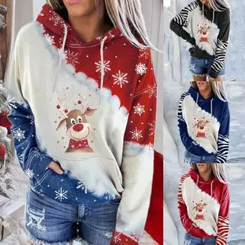 Женские модные осенне-зимние шапки для пэчворка, толстовки с рождественским принтом и принтом XXL винный