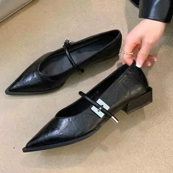 Женские модные остроносые туфли Мэри Джейн, осень, новые, с неглубокой горловиной, металлической пряжкой, однорядная пряжка, удобные одинарные туфли 35 чёрный