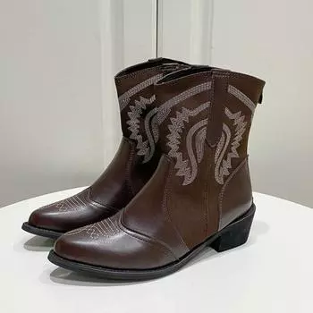 Женские модные остроносые вышитые рукава мягкие подошвы нескользящие низкие каблуки до середины икры сапоги осень новые толстые каблуки одинарные сапоги 35 коричневый