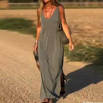 Женские модные платья без рукавов на бретелях с V-образным вырезом, повседневные длинные L армия зеленый
