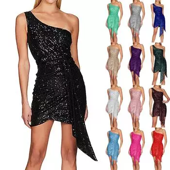 Женские модные платья без рукавов на одно плечо с запахом и хип-хоп Sweet Chilli на одно плечо с пайетками L чёрный