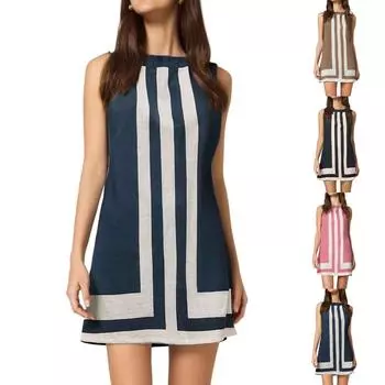 Женские модные платья без рукавов с цветными блоками и круглым вырезом L чёрный