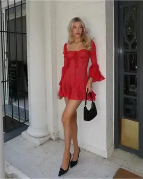 Женские модные платья бодикон с квадратным вырезом, элегантные сетчатые платья LaAe без бретелек с длинным рукавом и вырезами, мини-платье, новая женская праздничная одежда S красный