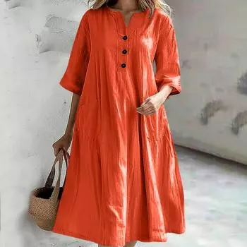 Женские модные платья на 3 пуговицах с V-образным вырезом, повседневные, больших размеров, с коротким рукавом, свободные, однотонные, из хлопка и льна L синий