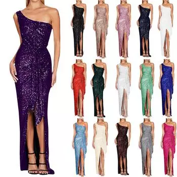 Женские модные платья на одно плечо с завязками и плиссировкой Sweet Chilli Sequin Gown S фиолетовый