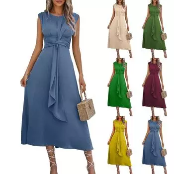 Женские модные платья однотонные с завязками на талии длинные платья без рукавов L армия зеленый