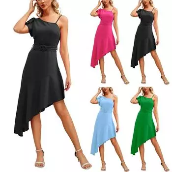 Женские модные платья Платья с наклонными плечами и высокой талией, неровный подол L чёрный