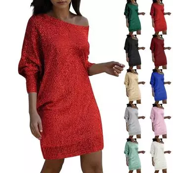 Женские модные платья Платья с косыми плечами и длинными рукавами Однотонные сексуальные платья L чёрный