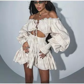 Женские модные платья с длинными рукавами-фонариками, женские кружевные платья с открытыми плечами, весна-лето 2025, новинка S