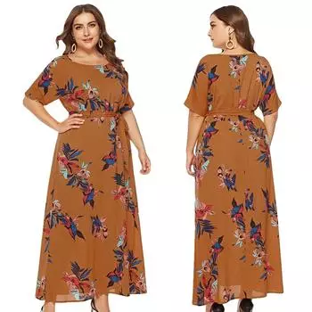Женские модные платья с коротким рукавом и принтом больших размеров с круглым вырезом и модными блузками XL жёлтый