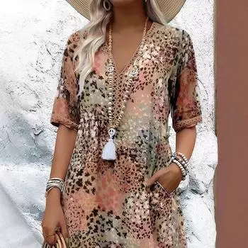 Женские модные платья с коротким рукавом и V-образным вырезом, украшенные кружевом и набивным рисунком S хаки