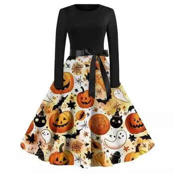 Женские модные платья с круглым вырезом, повседневные, приталенные, с принтом на Хэллоуин, с длинным рукавом M жёлтый