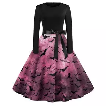 Женские модные платья с круглым вырезом, повседневные, приталенные, с принтом на Хэллоуин, с длинным рукавом XXL