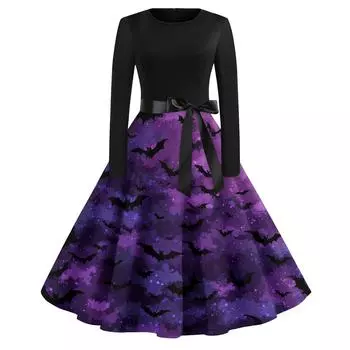 Женские модные платья с круглым вырезом, повседневные, приталенные, с принтом на Хэллоуин, с длинным рукавом XL фиолетовый