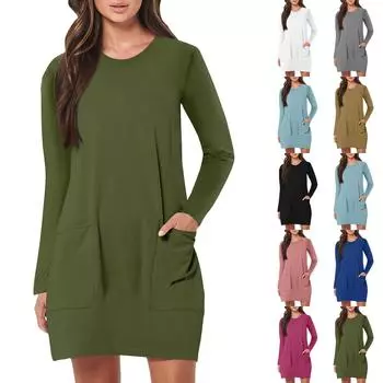 Женские модные платья с круглым вырезом и карманами средней длины для пляжного отдыха с длинным рукавом XL чёрный