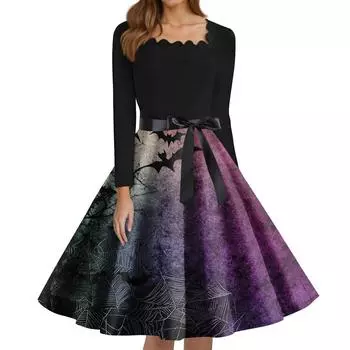 Женские модные платья с квадратным вырезом, повседневные, приталенные, с принтом на Хэллоуин, с длинным рукавом M