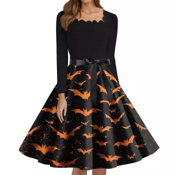 Женские модные платья с квадратным вырезом, повседневные, приталенные, с принтом на Хэллоуин, с длинным рукавом XXXL оранжевый
