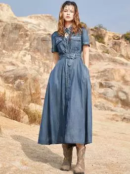 Женские модные платья с поясом на талии, ретро-дизайн с отложным воротником, летнее джинсовое платье с короткими рукавами и вышивкой