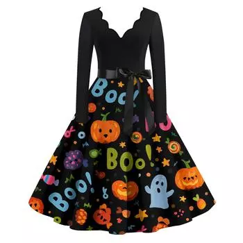 Женские модные платья с волнистым краем, V-образным вырезом, повседневные, облегающие, с принтом на Хэллоуин, с длинным рукавом L
