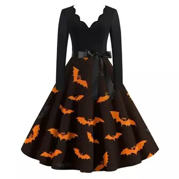 Женские модные платья с волнистым краем, V-образным вырезом, повседневные, облегающие, с принтом на Хэллоуин, с длинным рукавом XXL