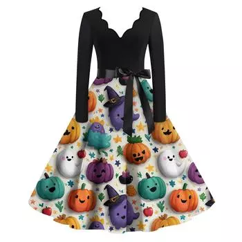 Женские модные платья с волнистым краем, V-образным вырезом, повседневные, облегающие, с принтом на Хэллоуин, с длинным рукавом M белый