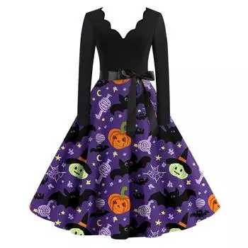 Женские модные платья с волнистым краем, V-образным вырезом, повседневные, облегающие, с принтом на Хэллоуин, с длинным рукавом M фиолетовый