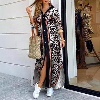 Женские модные платья Vestidos повседневные сексуальные большие размеры свободные длинные рукава леопардовый принт макси рубашка платье S-5XL S черный белый