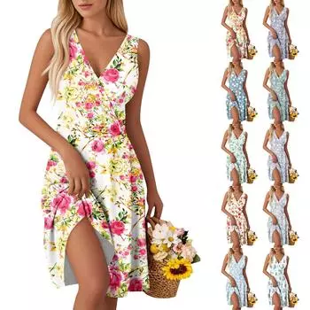 Женские модные платья-жилетки без рукавов с V-образным вырезом и принтом на талии S