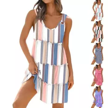 Женские модные платья-жилетки без рукавов с V-образным вырезом и принтом на талии S тёмно-синий