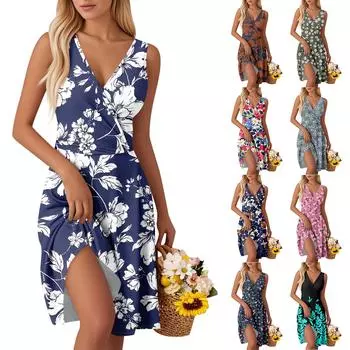 Женские модные платья-жилетки без рукавов с V-образным вырезом и принтом на талии S