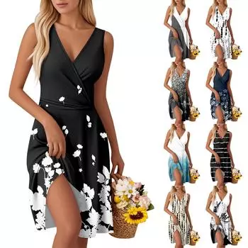 Женские модные платья-жилетки без рукавов с V-образным вырезом и принтом на талии XXL