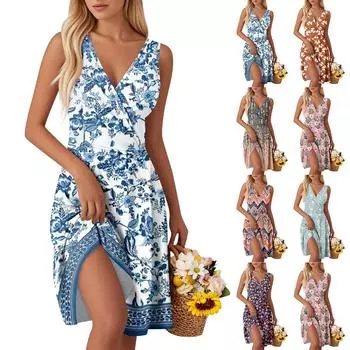 Женские модные платья-жилетки без рукавов с V-образным вырезом и принтом на талии S розовый