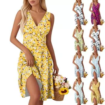 Женские модные платья-жилетки без рукавов с V-образным вырезом и принтом на талии XXL