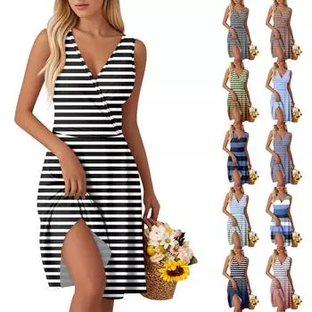 Женские модные платья-жилетки без рукавов с V-образным вырезом и принтом на талии S чёрный