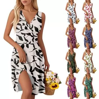 Женские модные платья-жилетки без рукавов с V-образным вырезом и принтом на талии L тёмно-синий