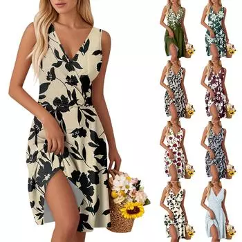 Женские модные платья-жилетки без рукавов с V-образным вырезом и принтом на талии XXL