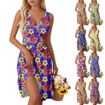 Женские модные платья-жилетки без рукавов с V-образным вырезом и принтом на талии S