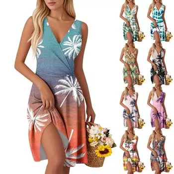 Женские модные платья-жилетки без рукавов с V-образным вырезом и принтом на талии XL синий