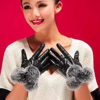 Женские модные плюшевые зимние теплые меховые перчатки для сенсорного экрана чёрный