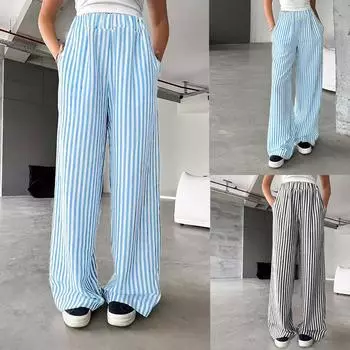 Женские модные полосатые брюки с высокой талией и эластичным поясом L чёрный